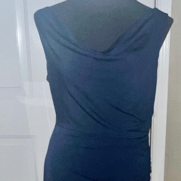 Sam Edelman Drape Neck Ruched Slim Asymmetric  Dress Navy - Picture 2 of 14